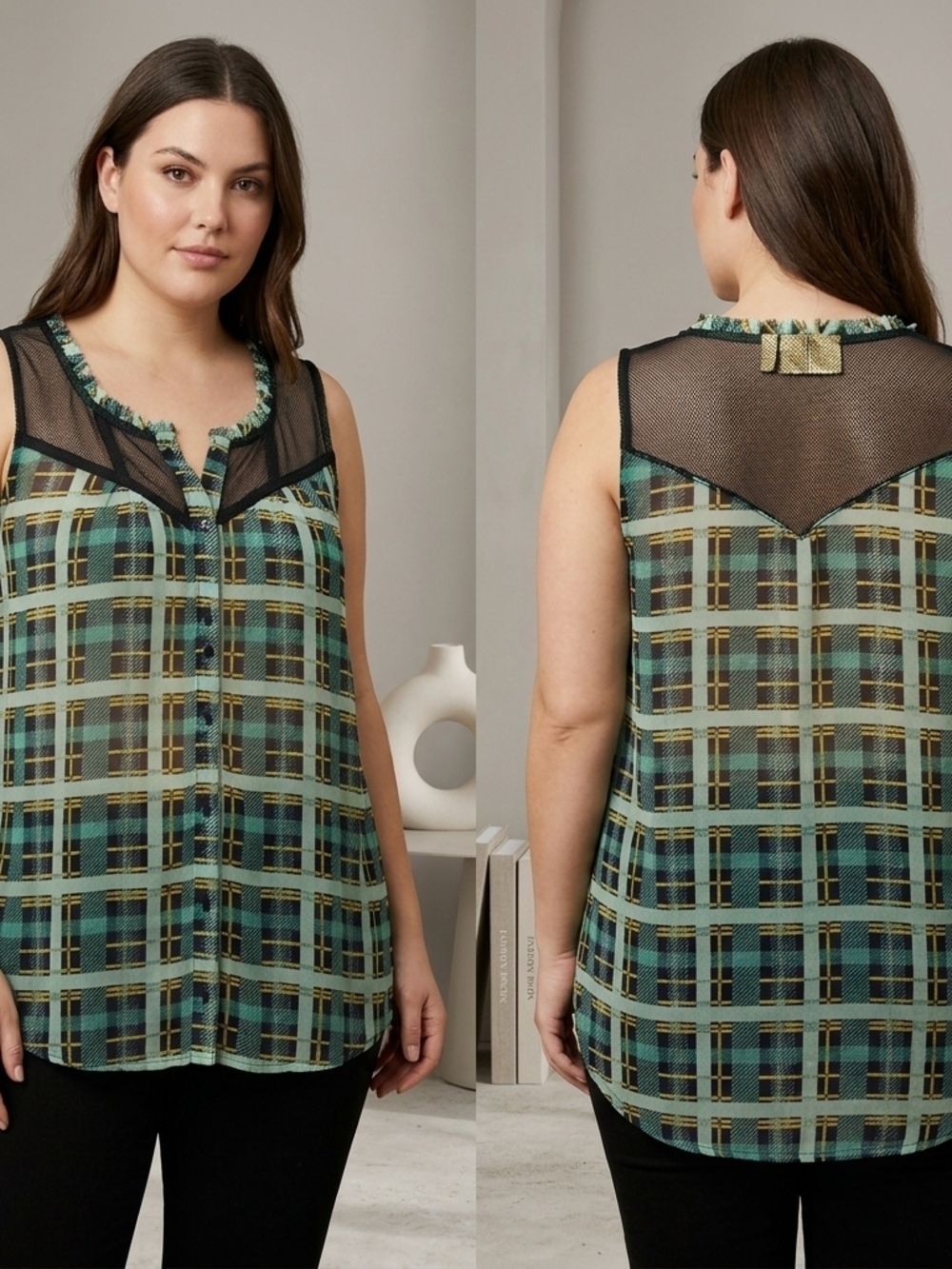 princess vera wang Green Plaid Sleeveless Mesh Yoke Top